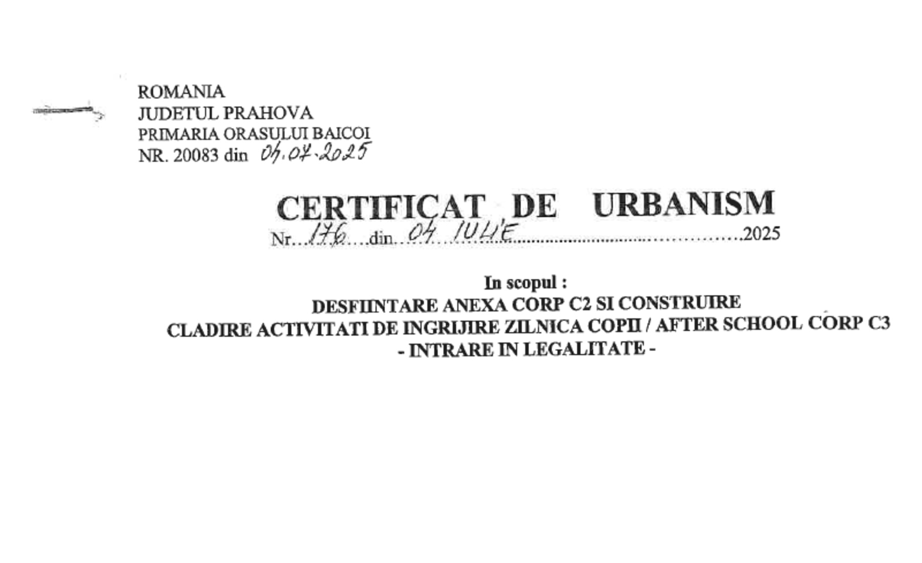 Extras anonimizat din documentația de urbanism pentru clădirea after-school din Băicoi